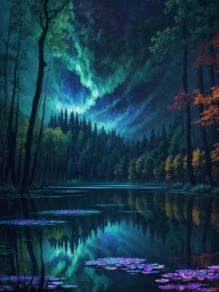 a painting of a lake with leaves floating on it at night, glowing reflections, magical colours and atmosphere, magical colors and atmosphere, monet. stunning lighting, beautifully lit landscape, river gorgeous lighting, glowing water, mystical forest lagoon, wow it is beautiful, glowing hue of teal, glowing forest, beautiful deep colors, beautiful painting, autumn night, stunning painting, mystical lake