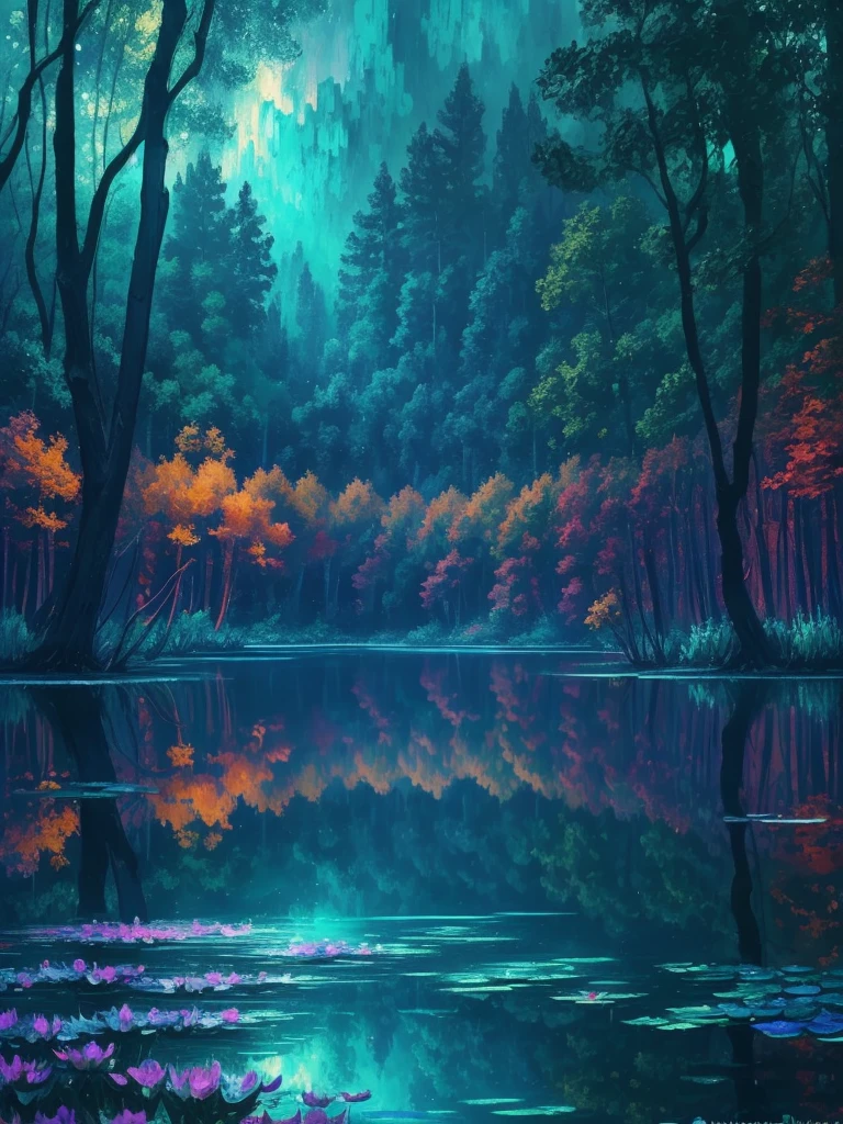 a painting of a lake with leaves floating on it at night, glowing reflections, magical colours and atmosphere, magical colors and atmosphere, monet. stunning lighting, beautifully lit landscape, river gorgeous lighting, glowing water, mystical forest lagoon, wow it is beautiful, glowing hue of teal, glowing forest, beautiful deep colors, beautiful painting, autumn night, stunning painting, mystical lake