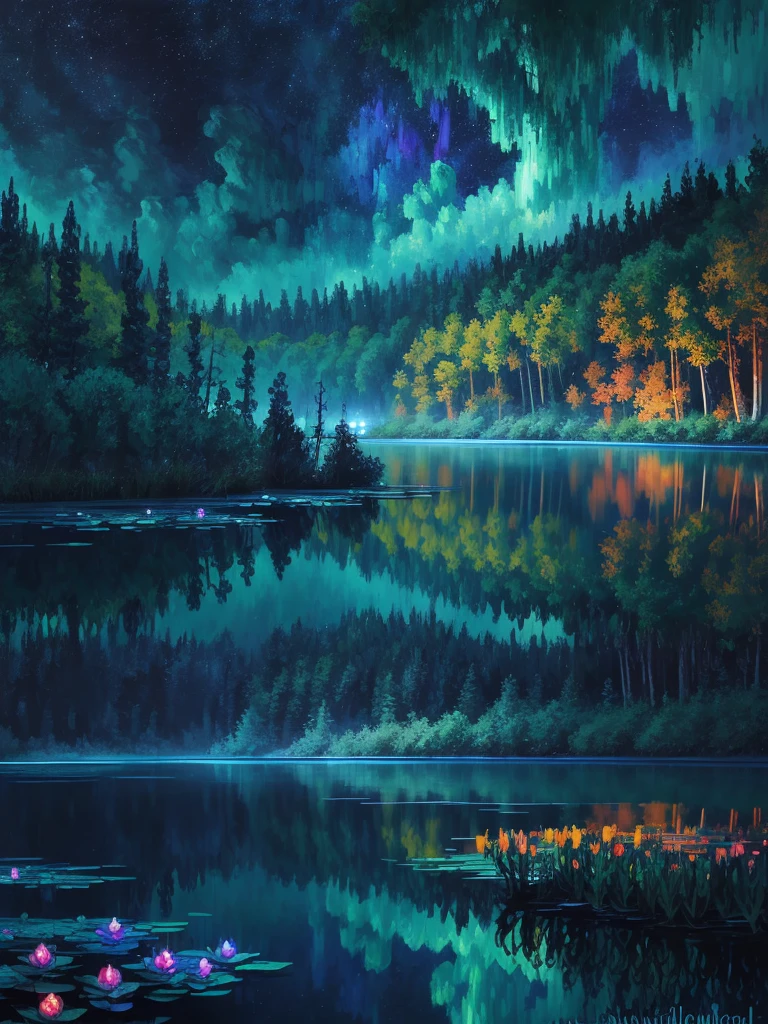 a painting of a lake with leaves floating on it at night, glowing reflections, magical colours and atmosphere, magical colors and atmosphere, monet. stunning lighting, beautifully lit landscape, river gorgeous lighting, glowing water, mystical forest lagoon, wow it is beautiful, glowing hue of teal, glowing forest, beautiful deep colors, beautiful painting, autumn night, stunning painting, mystical lake