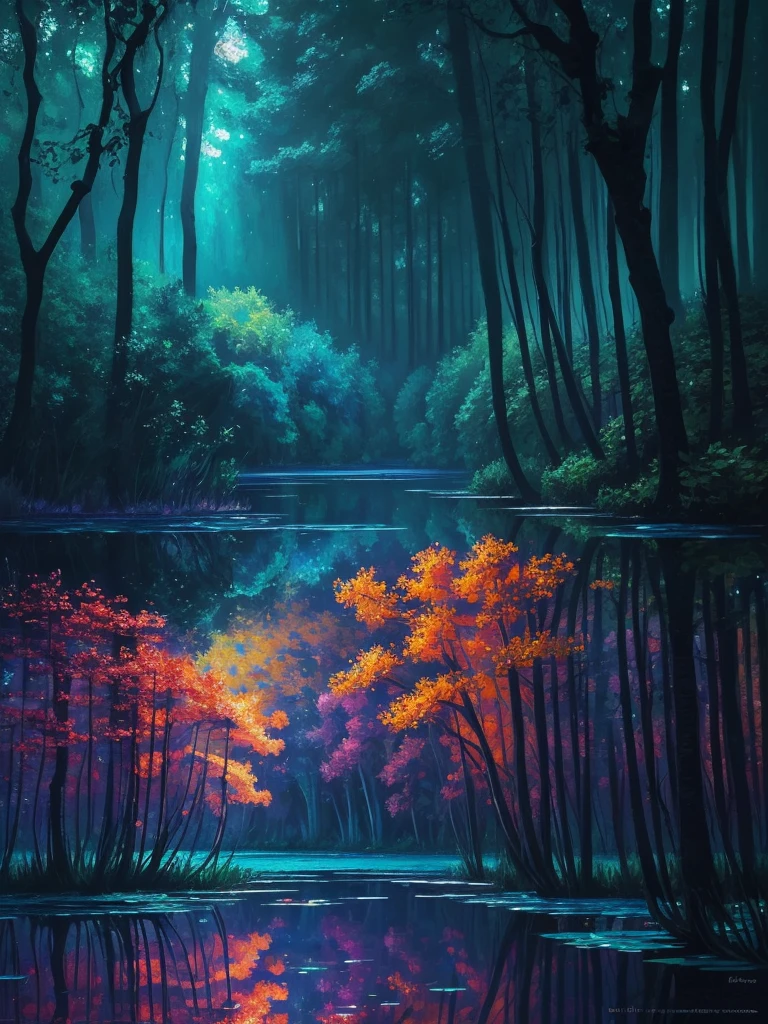 a painting of a lake with leaves floating on it at night, glowing reflections, magical colours and atmosphere, magical colors and atmosphere, monet. stunning lighting, beautifully lit landscape, river gorgeous lighting, glowing water, mystical forest lagoon, wow it is beautiful, glowing hue of teal, glowing forest, beautiful deep colors, beautiful painting, autumn night, stunning painting, mystical lake