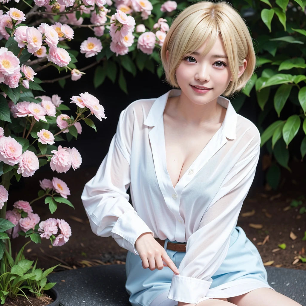 one gial, Japanese,Tabletop、(Highest quality、4K、8K、High resolution、masterpiece: 1.2)、Very detailed、(Genuine、photoGenuineistic、photoGenuineistic: 1.37)、Full Body Shot、whiteTshirt、Blonde Short Cut,Complex and beautiful eyes、woman、short hair、Natural color lip、Bold and sexy pose、smile、garden、 year old beauty、A cute and sexy shot of her looking at the camera