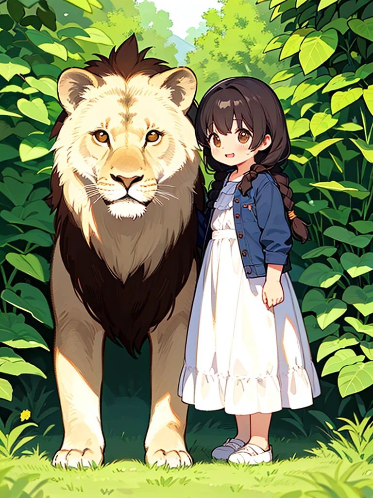 (Highest quality,4K,8K,High resolution,masterpiece:1.2), Very detailed, (Deformed, Realistic, Realistic:1.3)，One Girl，cute，Very short stature，8-year-old，Laughing happily, Brown eyes，length, fluffy, Black hair braids，White Dress，Hugging a Lion，The lion is much bigger than the girl.....，This lion is a male African lion....，The background in early summer is the garden of a country house，Clothes that become transparent due to cold sweat，