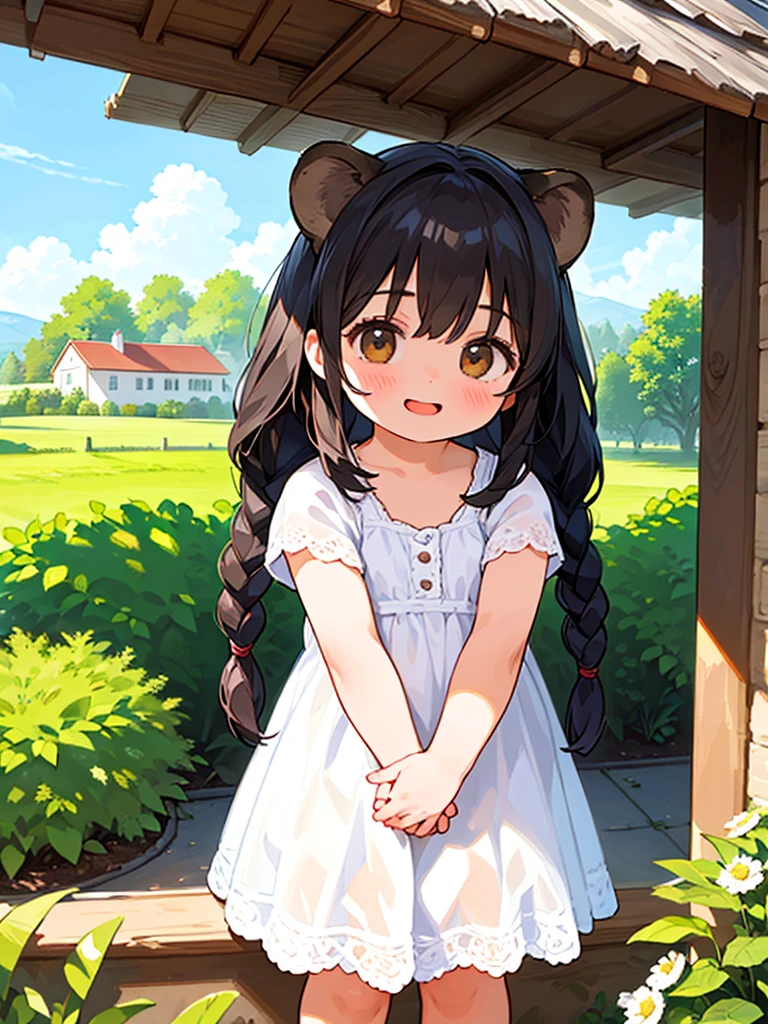 (Highest quality,4K,8K,High resolution,masterpiece:1.2), Very detailed, (Deformed, Realistic, Realistic:1.3)，One Girl，cute，Very short stature，8-year-old，Laughing happily, Brown eyes，length, fluffy, Black hair braids，White Dress，Hugging a Lion，The lion is much bigger than the girl.....，This lion is a male African lion....，The background in early summer is the garden of a country house，Clothes that become transparent due to cold sweat，