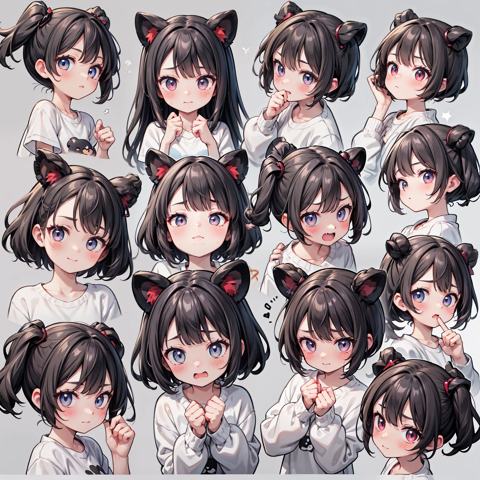 Cute girl avatar，Emoji Pack，little devil，(9 emojis，Emoticon table，Alignment)，9 poses and expressions（sad，surprise，Having fun，Excited，laughing out loud，angry，Suspect，Pat your head，Acting cute, wait），Anthropomorphic style，Disney style，Black stroke，Different emotions，9 poses and expressions，Same outfit，3 rows horizontally and 3 columns vertically，Transparent Background