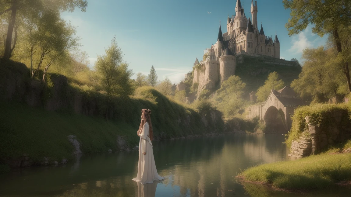 "prompt": "In the fantasy world、A beautiful 18 year old girl is wearing big headphones。She has long, flowing hair、With shining eyes、She wears elegant and mysterious clothing adorned with intricate designs.。In the background、Floating Island、Enchanting forest、There is a magical landscape with a shining mystical sky。The girl is standing on the cobblestone road、With a calm and dreamy look、It blends perfectly into the enchanting landscape.。"