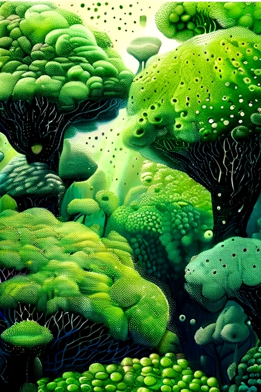 Top view。Green Forest。Pointillism method,Trypophobia。Emphasize the sense of space。Artistic beauty。