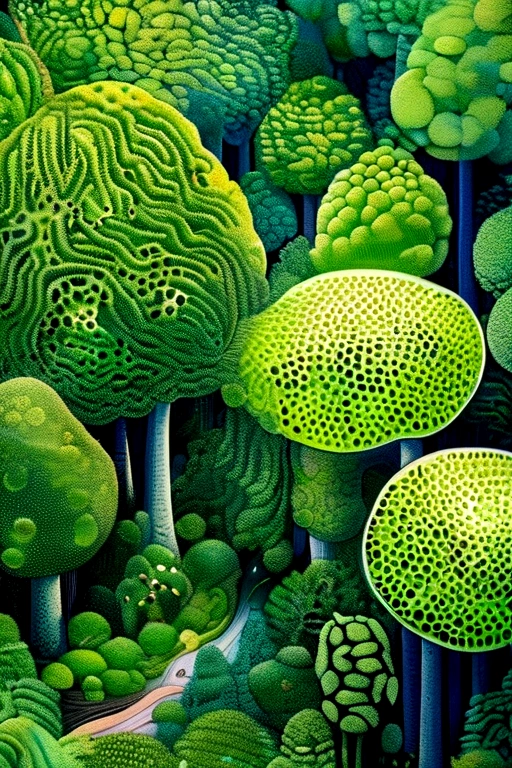 Top view。Green Forest。Pointillism method,Trypophobia。Emphasize the sense of space。Artistic beauty。