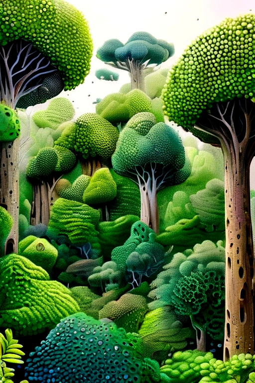 Top view。Green Forest。Pointillism method,Trypophobia。Emphasize the sense of space。Artistic beauty。