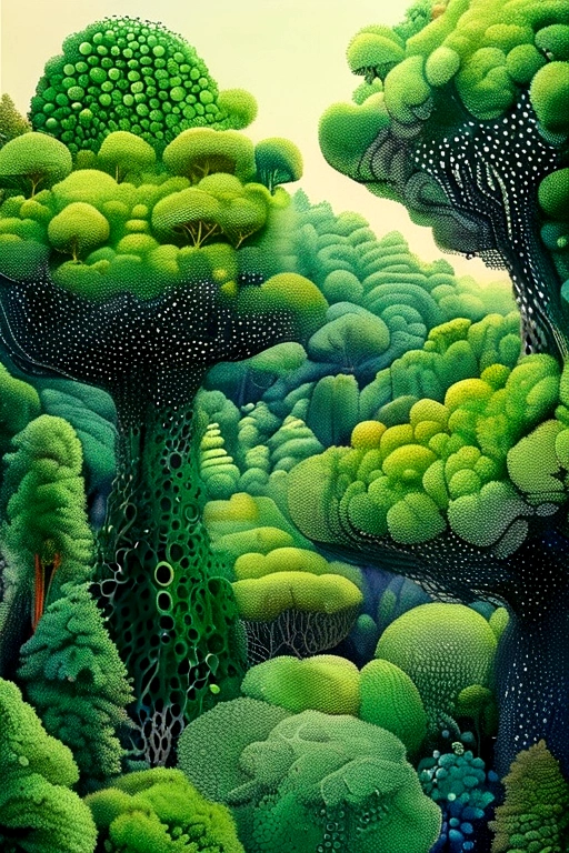 Top view。Green Forest。Pointillism method,Trypophobia。Emphasize the sense of space。Artistic beauty。