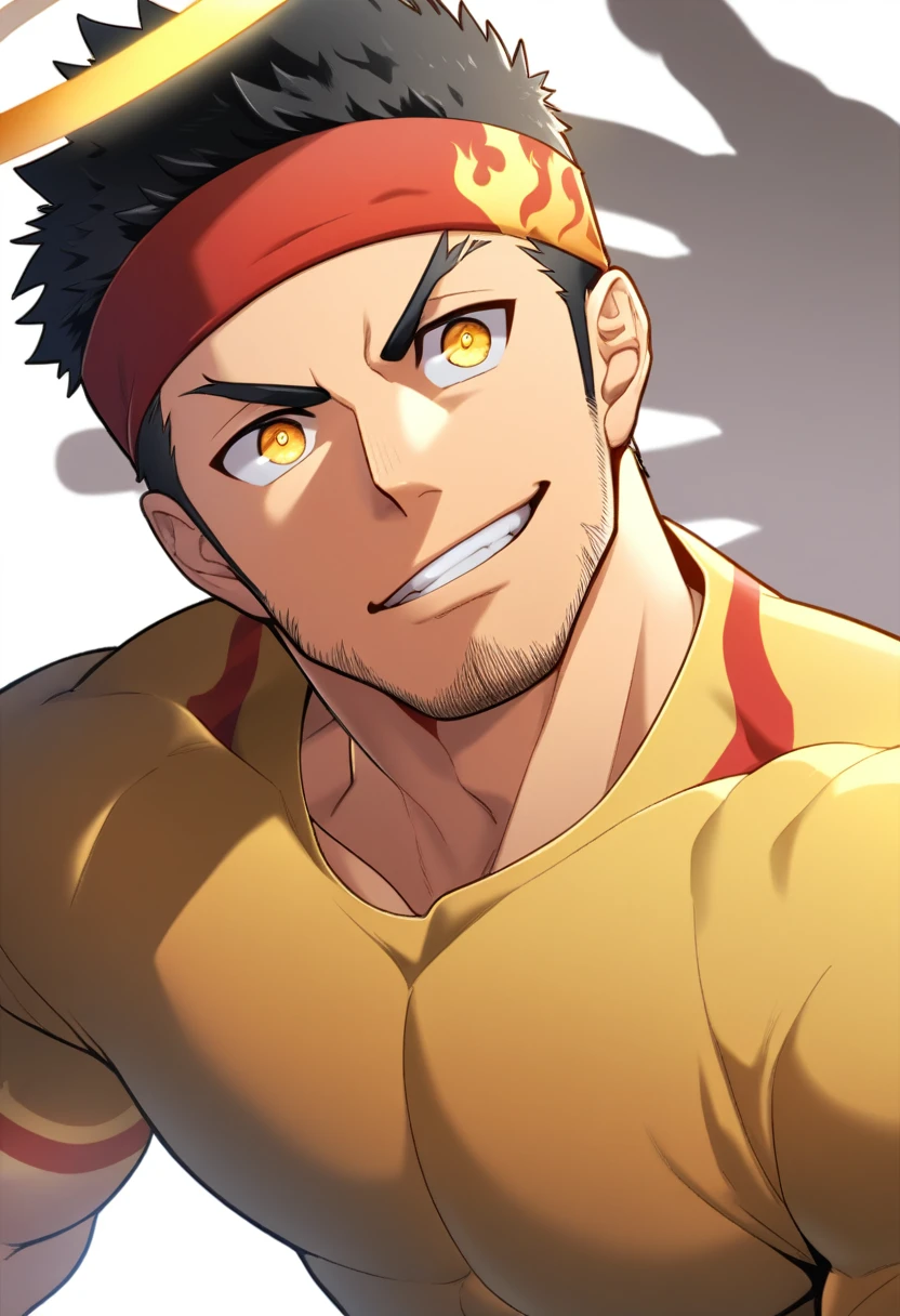 anime characters：Gyee, priapus, ung muscular man, male focus, Flame tattoo, sports Red headband, Dark yellow spandex tight T-shirt, Very tight, Slightly transparent, muscular male, muscular, Round, firm and full chest muscles, only, Upper body, alone, Black short hair, Thick eyebrows, stubble, Yellow eyes, White background, simple background, amazing quality, best aesthetics, Ridiculous, bright pupils, crew cut, naughty face, torogao, parted lips, halo, god rays, best quality