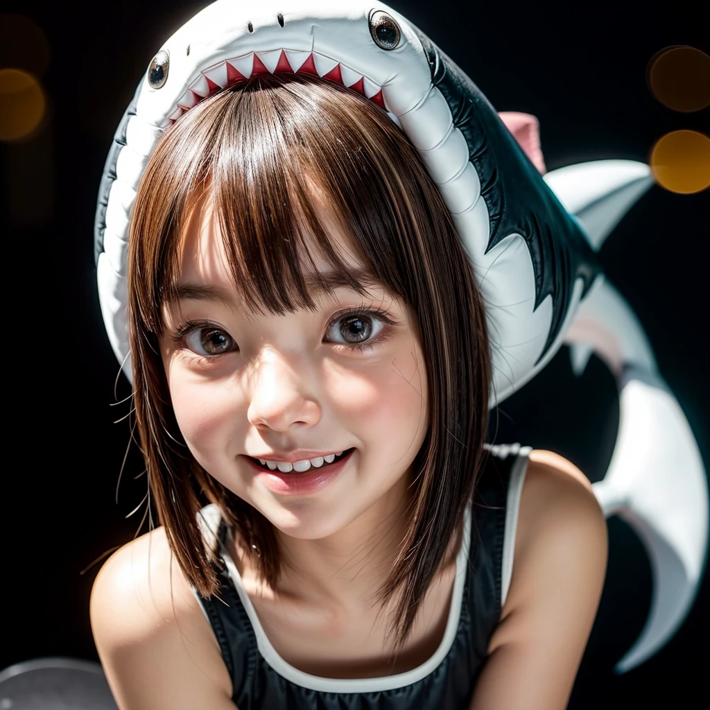 ((Skinny Shark BodySuit, (Stuffed shark head hat)with White Teeth)), 8k, High-level, absurd, masterpiece, best quality, primitive, very detailed CG, very detailed wallpaper, perfect lighting, Extremely detailed ((( personifying " Shark" as a ))), MysticSight, Tyndall effect, Tyndall scattering, (Studio gray background with (Overflowing oodles Dazzling RainbowColorParticles (BokeH))), (Blood Red short hair, RoundlyButts, Leg Fins installed), (Exposed:0.4), (Assfocus with looking ahead) BREAK (Acutance:0.88), (NOGIZAKA face variations) Extremely Detailed very KAWAII face variations, perfect anatomy, Childish, CaptivatingGaze ElaboratePupils detailed Eyes with (sparkling highlights:1.28), (Voluminous LongEyelashes:0.88)、GlossyRED Lips with beautiful details, RosyCheeks, Radiant PearlSkin with Transparency . { (Dynamic LifeLike expressions:1.4) | (:d) }, (large eyes:-1) . ((animal ears:-1.2))