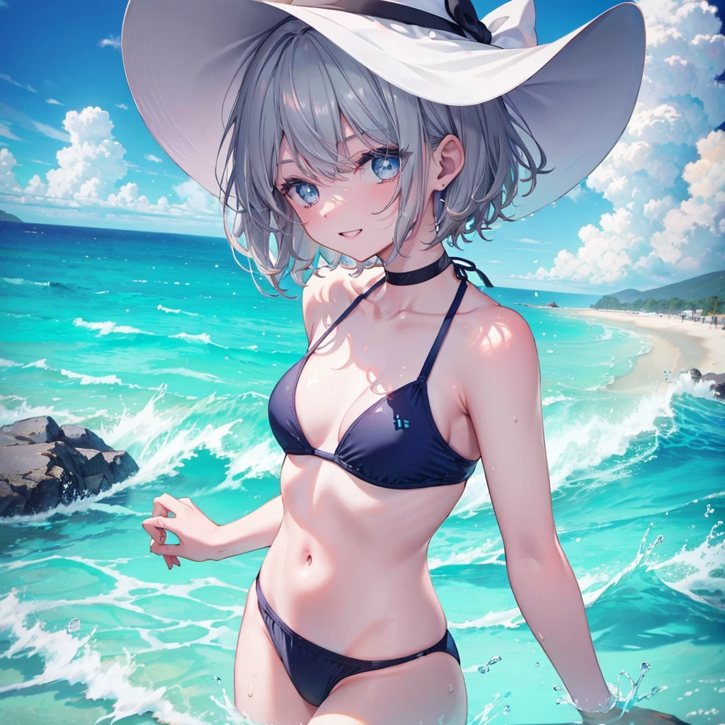 ((((Adult swimwear　Ocean))))　(((Gray Hair　short hair　blue eyes　woman)))，((Splash　sun　cloud))，(Wearing a hat　black　smile)，　Showing teeth　Shining Background　Shining Edges