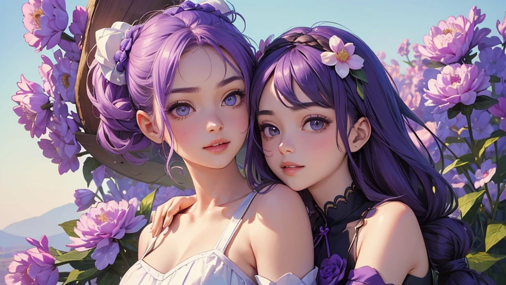 ((Best image quality, 8K, masterpiece:1.3)), 1 cute playful girl, Smart beauty with slim abs:1.3, (Casual Hairstyles, Wearing purple flowers on her head，Above the shoulders:1.2), Purple Dress:1.1, Ultra-fine face, Detailed eyes, double eyelid，smile，Wear a purple peony on your head，Quiet and pure sky background，のAbove the shouldersの部分のクローズアップ！