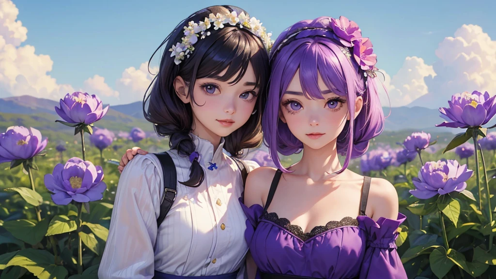 ((Best image quality, 8K, masterpiece:1.3)), 1 cute playful girl, Smart beauty with slim abs:1.3, (Casual Hairstyles, Wearing purple flowers on her head,Above the shoulders:1.2), Purple Dress:1.1, Ultra-fine face, Detailed eyes, double eyelid,smile,Wear a purple peony on your head,Quiet and pure sky background,のAbove the shouldersの部分のクローズアップ!