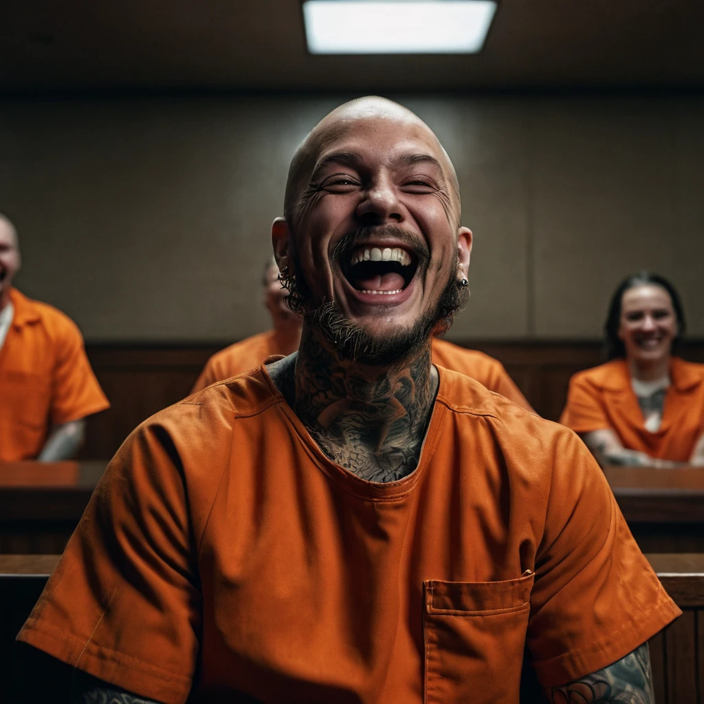 a serial killer man with a face full of tattoos, laughing hysterically, wearing an orange prison suit, in a courtroom, prison setting, 8k, highly detailed, photorealistic, dark and gritty, dramatic lighting, cinematic composition, intense expression, unsettling atmosphere