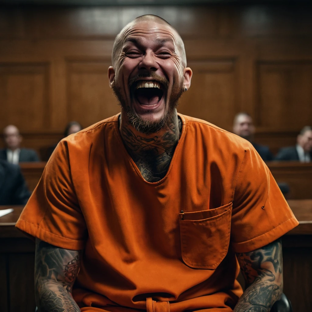 a serial killer man with a face full of tattoos, laughing hysterically, wearing an orange prison suit, in a courtroom, prison setting, 8k, highly detailed, photorealistic, dark and gritty, dramatic lighting, cinematic composition, intense expression, unsettling atmosphere