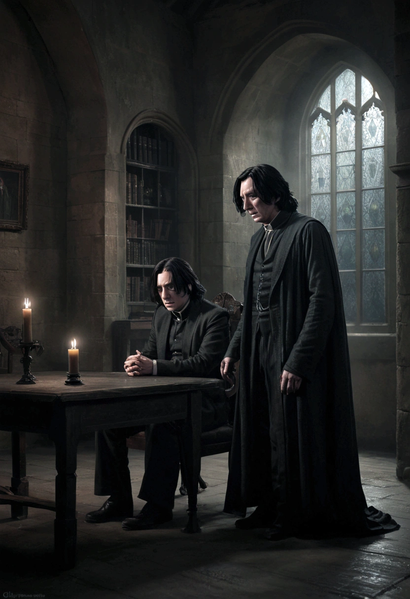 a dying severus snape being visited by the sad ghost of lily evans, highly detailed portrait,dramatic lighting,chiaroscuro,somber mood,emotional scene,intricate details,cinematic composition,muted color palette,dramatic shadows,realistic rendering,masterpiece