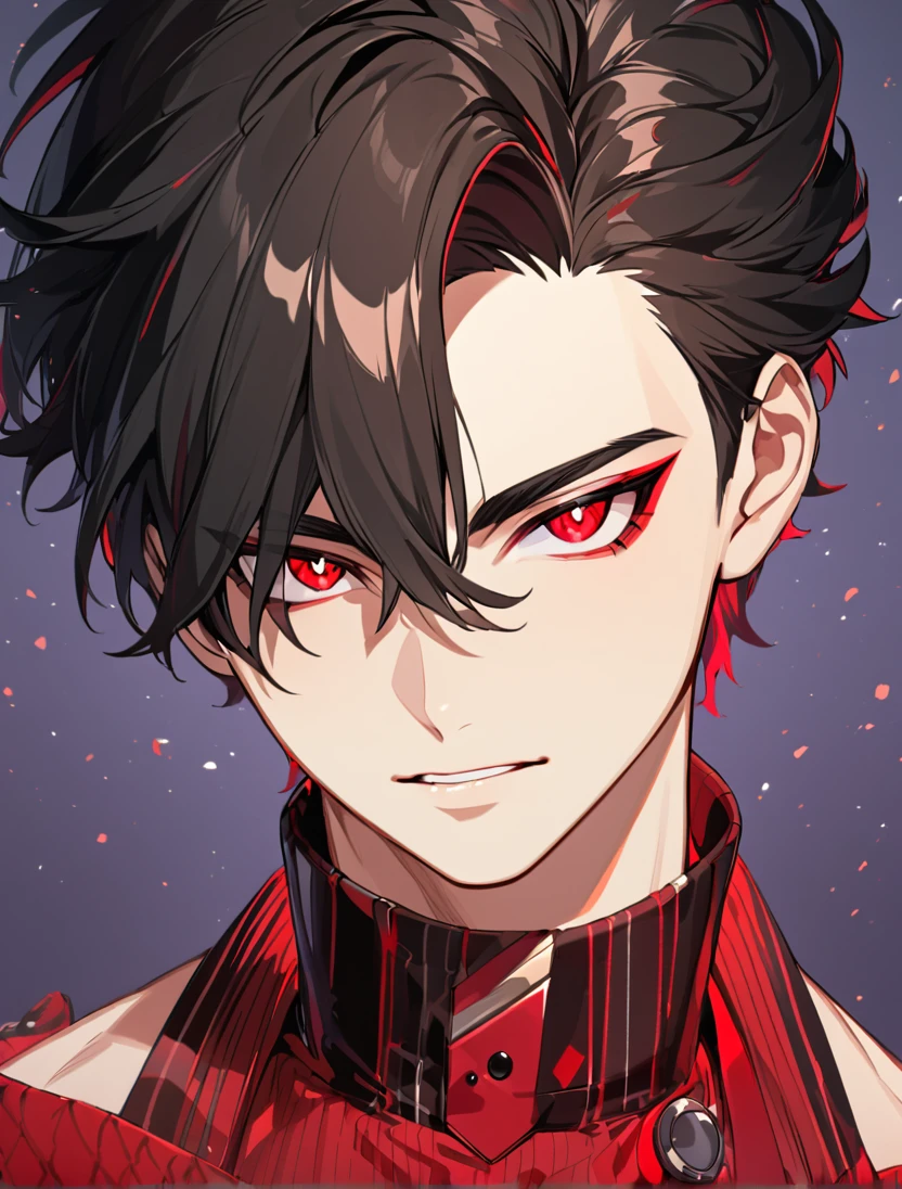 (Black_Hair), (red_ruby_eyes), (Handsome), (attractive), (male), (close_up_shot), (detailed_eyes), (detailed_hair), (clean_hair),  (vertical_pupils), (black_pupild), (jawline), (wears_aristrocatic_outfit), (teen), (short_hair)