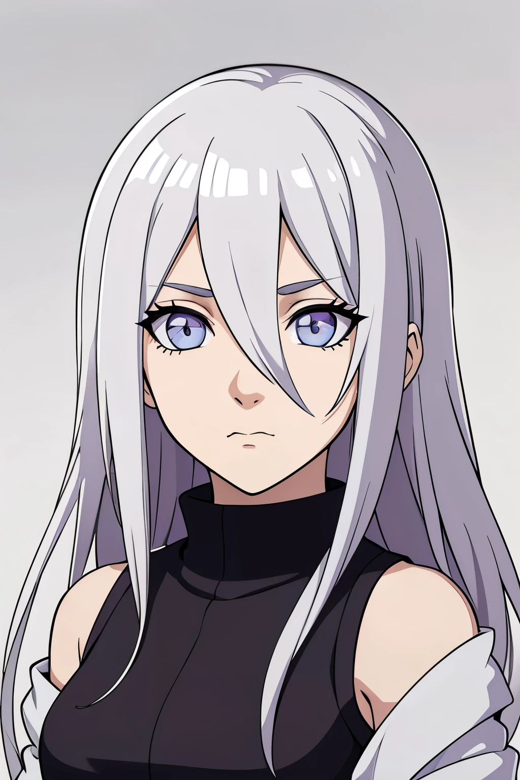 (high-quality, breathtaking),(expressive eyes, perfect face) portrait, Symmetrical Eyes, 1girl, female, solo, teenager, short height, white hair, white coloured eyes, byakugan, anime naruto art style, long hair, fluffy hair, feminine face, grey background, detailed eyes, hyuga, Ōtsutsuki, naruto ninja attire, neutral expression, soft smile, purple and black clothing, white trim, long sleeves, white dress, hair between eyes, bare shoulders, jacket
