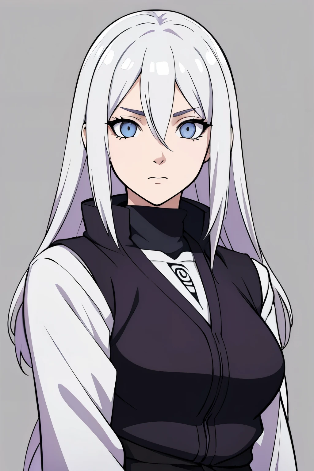 (high-quality, breathtaking),(expressive eyes, perfect face) portrait, Symmetrical Eyes, 1girl, female, solo, teenager, short height, white hair, white coloured eyes, byakugan, anime naruto art style, long hair, fluffy hair, feminine face, grey background, detailed eyes, hyuga, Ōtsutsuki, naruto ninja attire, neutral expression, soft smile, purple and black clothing, white trim, long sleeves, white dress, hair between eyes, bare shoulders, jacket
