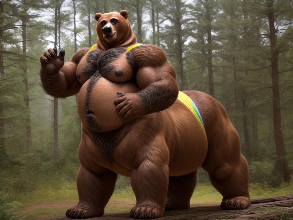 furry, fur taur, beartaur, middle-aged, 1man, solo, rainbow_tantop, tanktop, open_tanktop, hairy, arm_hair, leg_hair, short_hair, old, old_man, pectorals, large_pectorals, detailed face, bear ears, bear eyes(brown), bear nose(black), bear mouth, garibaldi beard(grey), mature hair(grey), detailed arms, thick arms, muscular, muscular_male, thick hands(5 fingers), detailed body belly, thick body, muscle belly(white), thick chest, chest hair(grey), detailed taur body, thick taur body, thick bear paws, thick bear tail, full body shot, standing in the woods