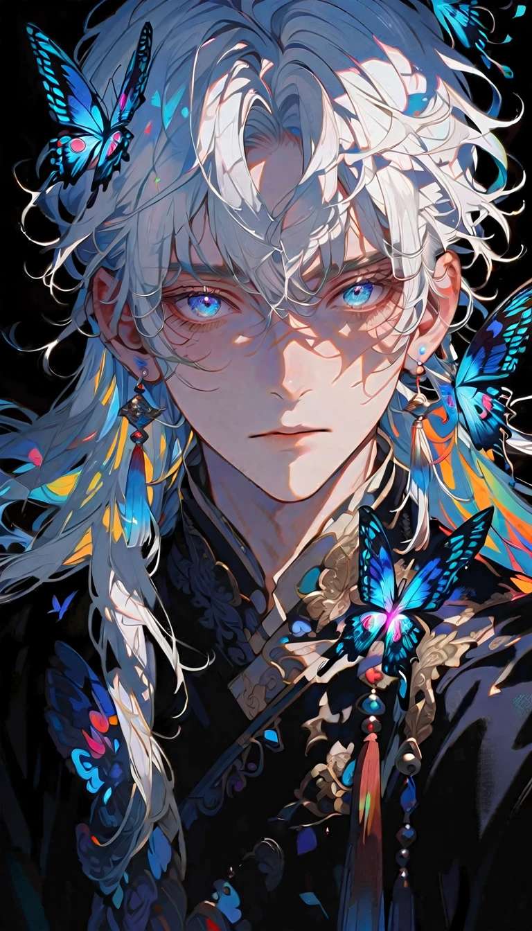 masterpiece, Male focus, 1 boy, solitary, White hair, tassel earrings, tassel, Jewelry, earrings, black background, blue eyes, Long hair, crystal, Butterfly, Upper Body,  Colorful hair，Pearlescent Rose，Personal，The eyes are depicted in great detail