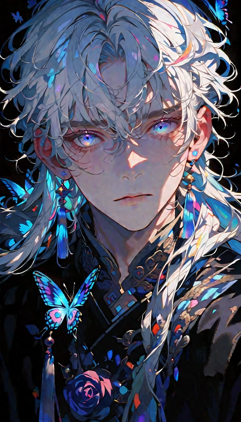 masterpiece, Male focus, 1 boy, solitary, White hair, tassel earrings, tassel, Jewelry, earrings, black background, blue eyes, Long hair, crystal, Butterfly, Upper Body, Colorful hair,Pearlescent Rose,Personal,The eyes are depicted in great detail