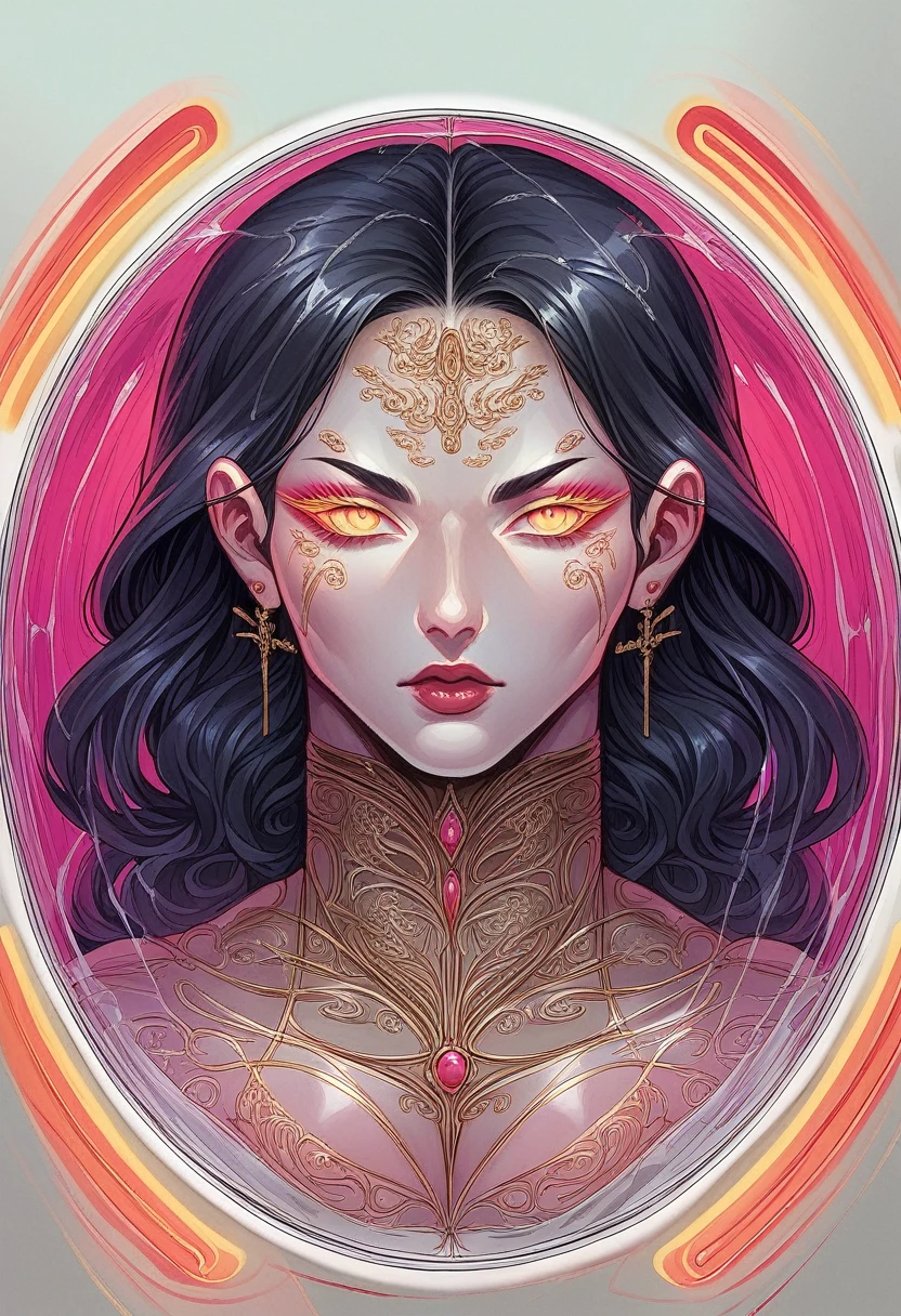 Portrait photo of a Japanese female android in her mid-twenties made of white and silver transparent glass and plastic, Geisha Makeup, black hairstyle, Silver and gold metal internals, Dynamic pose, Flowing organic structure, Detailed engraving, Lace knitting designs, Shiny gold circuit, coloRful Neon Trim, Detailed engraving, Lace knitting designs, Glowing Circuit, Neon Trim, art：H.R. Giger, GReg Rutowski