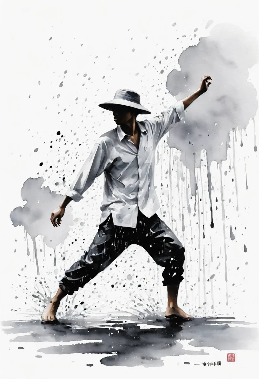 中国Ink Painting, Gray and White, Minimum,White background,The Trail, Minimalism, Huge negative space, Ink Painting, Abstract,heavy rain,A person dancing in the rain