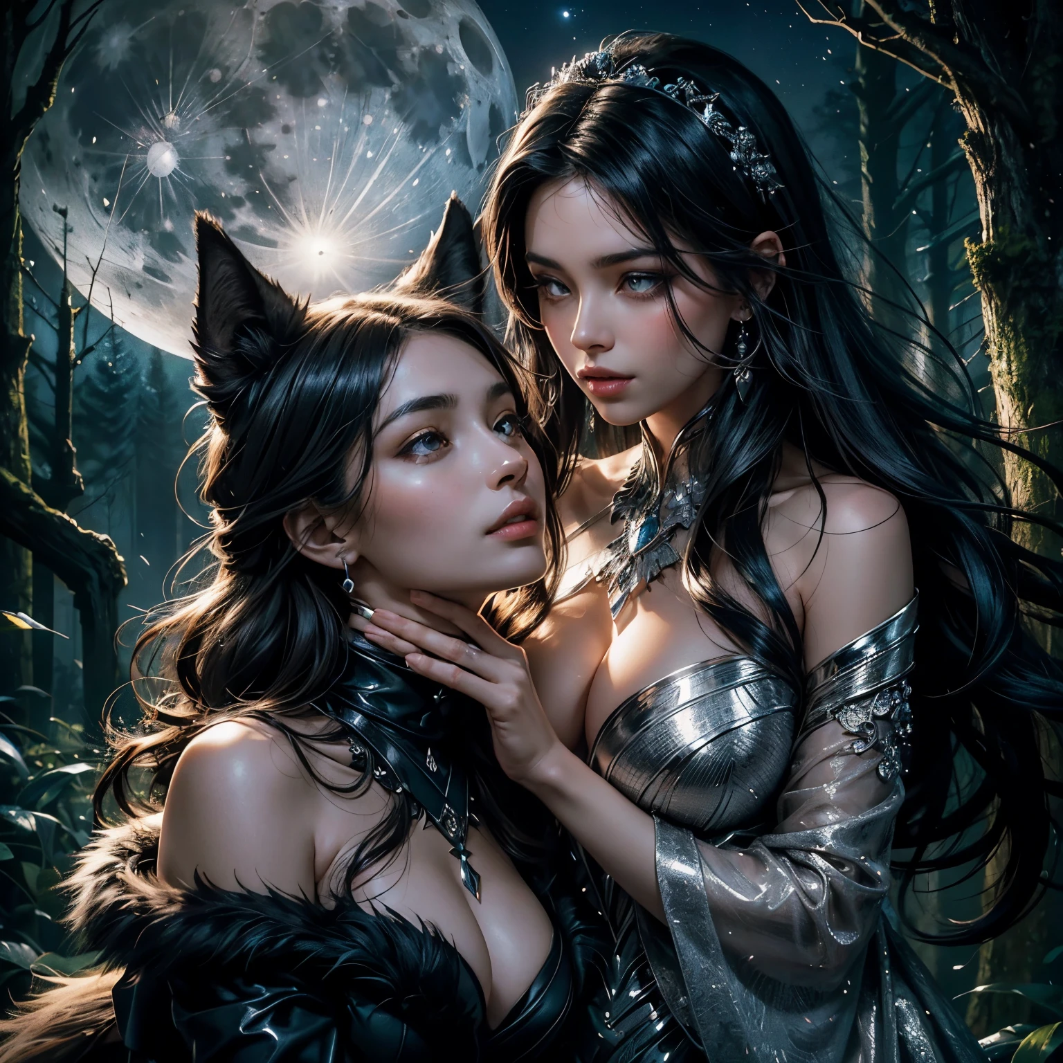 Brunette Woman (Detailed): A brunette woman with straight, jet-black hair of ultra-fine quality, cascading down her shoulders, is lovingly stroking the head of a black and silver-brown wolf. The woman is nestled within a dense, lush forest at night, with the silhouette of towering trees surrounding her. The moon, a beautiful 4K image of distinct clarity, casts its soft, radiant light upon her face, illuminating her expressive features. The woman's eyes reflect the light, mirroring the serene beauty of the moonlit night. The wolf, with its luxurious black and silver fur, is a breathtaking sight