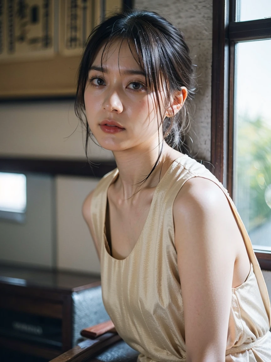 Japanese Girls、Around 20 years old、Black top bob、You are indoors and the light is hitting your face、White dress、Sitting