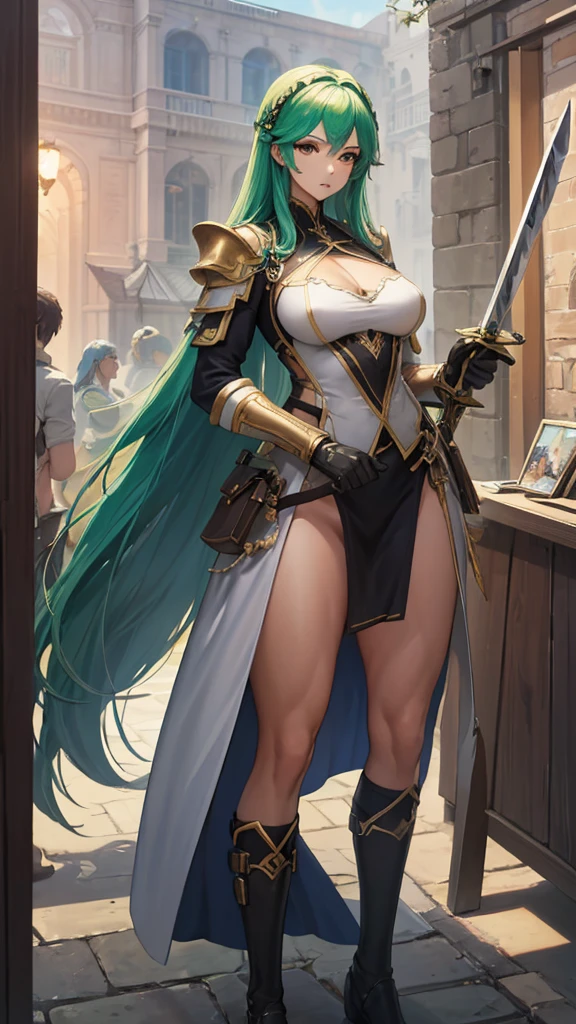 (masterpiece, 4K ,Super detailed:1.2), (anime:1), (Perfect quality), The whole body is shown, View Viewer, Holding a sword, Green Hair, Muscular female warrior, Muscular and ultra violent women, Powerfully々And, epic swordsman, RPG concept art character