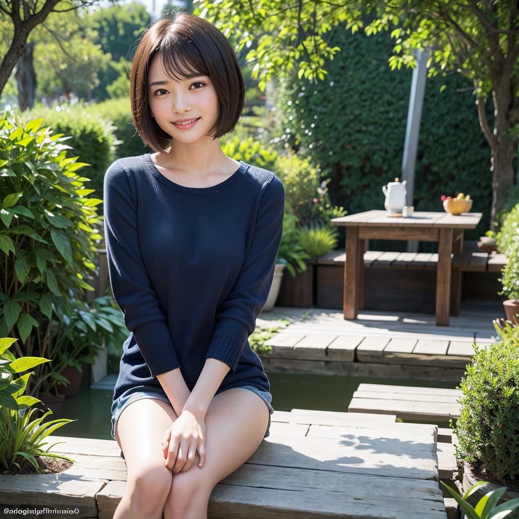 Tabletop、(Highest quality、4K、8K、High resolution、masterpiece: 1.2)、Very detailed、(Genuine、photoGenuineistic、photoGenuineistic: 1.37)、Full Body Shot、blueTshirt、Brown hair short cut,Complex and beautiful eyes、woman、short hair、Natural color lip、Bold and sexy pose、smile、garden、 year old beauty、A cute and sexy shot of her looking at the camera