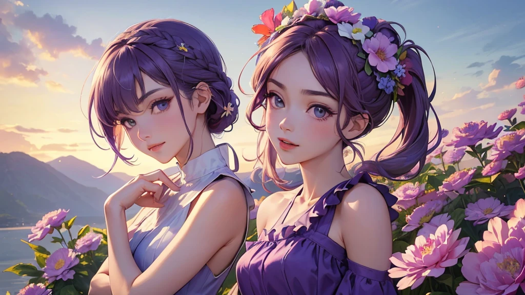 ((Best image quality, 8K, masterpiece:1.3)), 1 cute playful girl, Smart beauty with slim abs:1.3, (Casual Hairstyles, Wearing purple flowers on her head，Above the shoulders:1.2), Purple Dress:1.1, Ultra-fine face, Detailed eyes, double eyelid，smile，Wear a purple peony on your head，Quiet and pure sky background，のAbove the shouldersの部分のクローズアップ！