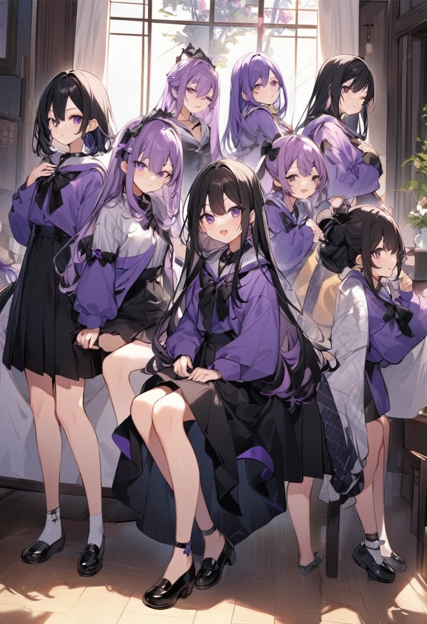 Keito。Purple hoodie。Black Skirt。Purple Eyes。Black Hair。Black shoes下。Black shoes。6 people。The eldest daughter has purple hair。all female。6 people