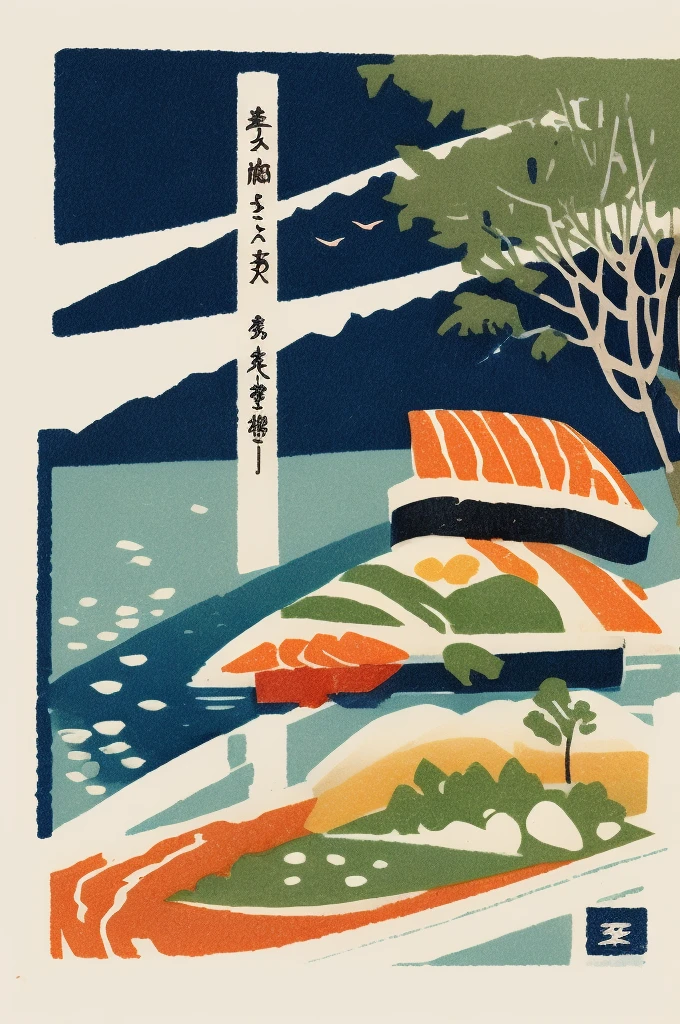 
Illustration: Simple, woodblock print style, sushi, not signed by the artist.