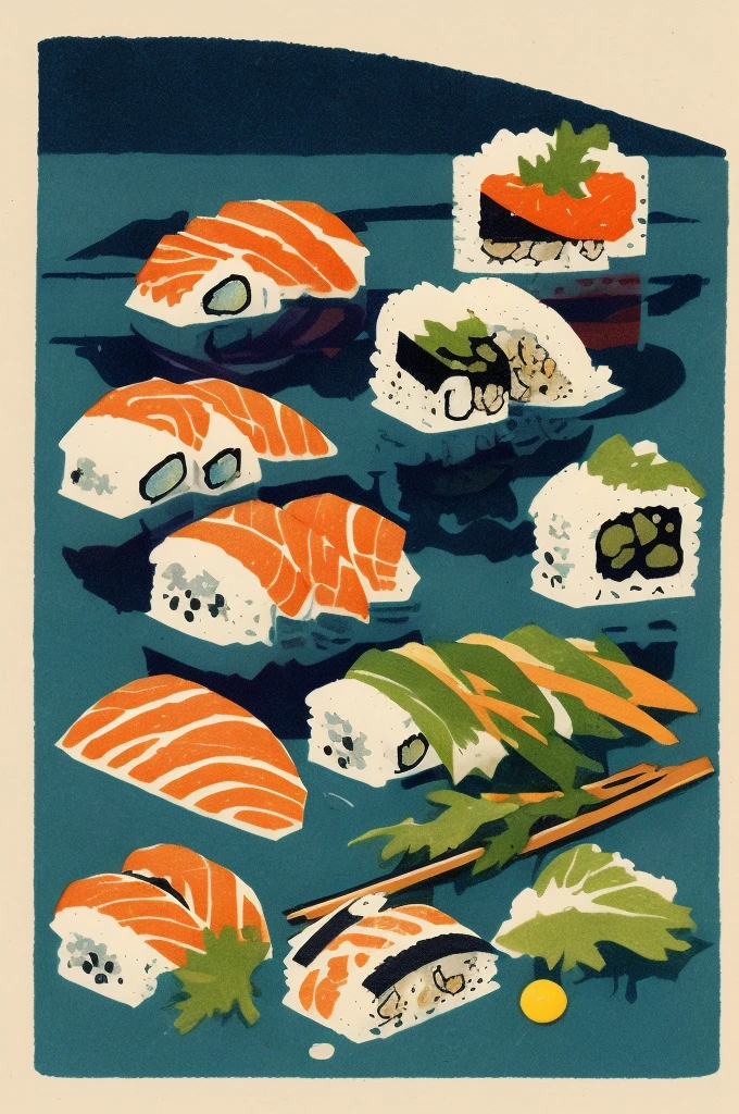 
Illustration: Simple, woodblock print style, sushi, not signed by the artist.