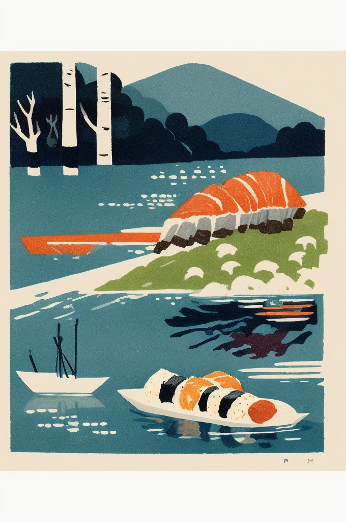 
Illustration: Simple, woodblock print style, sushi, not signed by the artist.