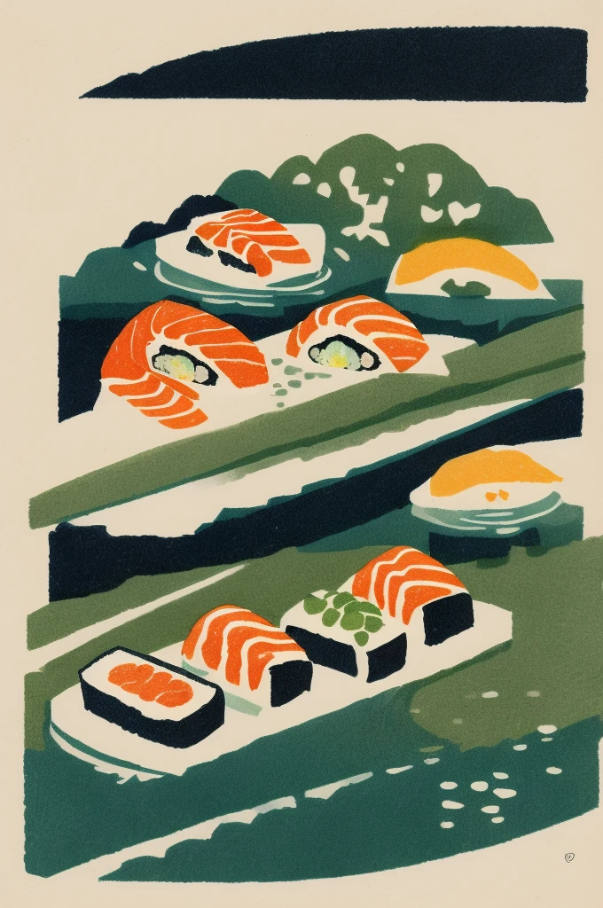 
Illustration: Simple, woodblock print style, sushi, not signed by the artist.