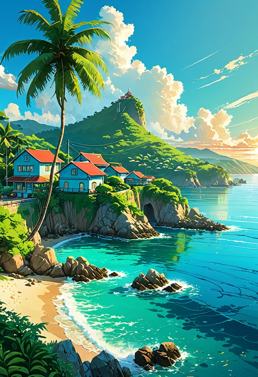 a town port at sunset with a sky background, a sailboat away, quiet afternoon, incredibly pretty, quiet afternoon, distance forest hills, cliff del mar, coconut trees, beautiful animated landscape, vista desde arribaoceanが目の前の景色、tropical zone、ocean、ocean岸、cliff、bungalow、Complex、Turquoise、Emerald green、Sun light、water surface、rock、cloud、blue sky、summer、Paradise、beautiful、Vivid、nature、journey、vacation、beautiful animated landscape, Landscape painting, faro, beautifulデジタル絵画, Andreas Rocha, beautifulアートワークのイラスト, awesome wallpapers, Raymond Han, 背の高いbeautiful絵画, スタジオグリブリー 新ocean誠, beautiful壁紙, animated landscape