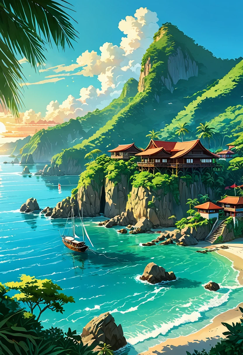 a town port at sunset with a sky background, a sailboat away, quiet afternoon, incredibly pretty, quiet afternoon, distance forest hills, cliff del mar, coconut trees, beautiful animated landscape, vista desde arribaoceanが目の前の景色、tropical zone、ocean、ocean岸、cliff、bungalow、Complex、Turquoise、Emerald green、Sun light、water surface、rock、cloud、blue sky、summer、Paradise、beautiful、Vivid、nature、journey、vacation、beautiful animated landscape, Landscape painting, faro, beautifulデジタル絵画, Andreas Rocha, beautifulアートワークのイラスト, awesome wallpapers, Raymond Han, 背の高いbeautiful絵画, スタジオグリブリー 新ocean誠, beautiful壁紙, animated landscape