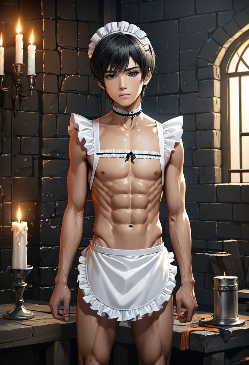 high quality, detailed, Realistic, ( japanese idol maid boy), (detailed black eyes), (black short hair), (abs), (shiny skin), dungeon, (apron), (head dress), (tiny thongs), (bulge:1.2), candle, (flat chest:1.2),