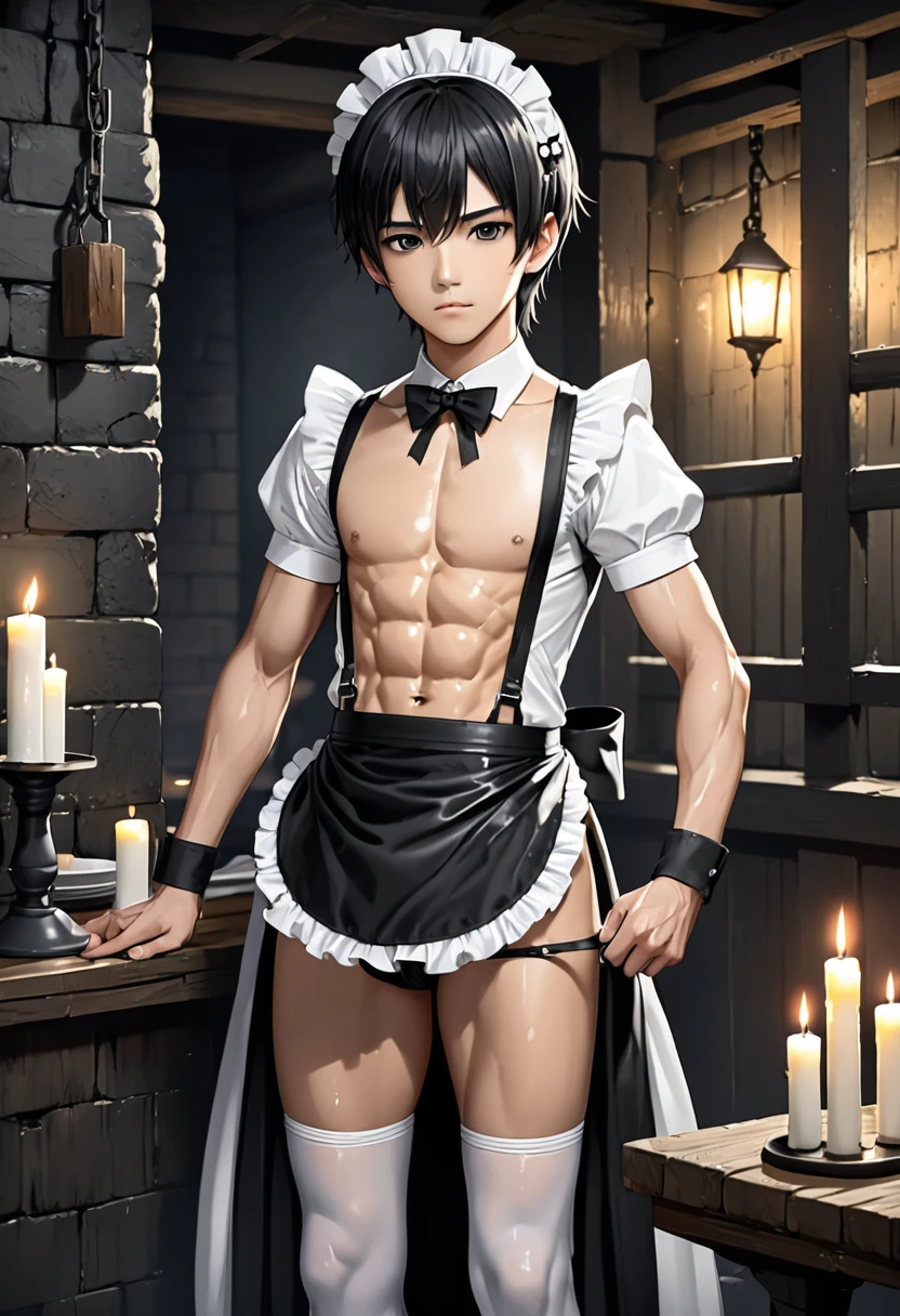 high quality, detailed, Realistic, ( japanese idol maid boy), (detailed black eyes), (black short hair), (abs), (shiny skin), dungeon, (apron), (head dress), (tiny thongs), (bulge:1.2), candle, (flat chest:1.2),