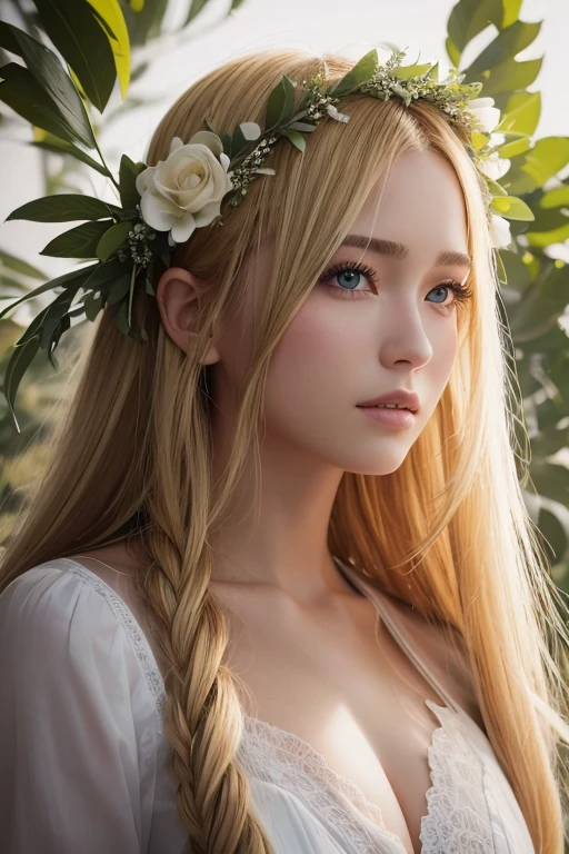 Ultra-high resolution, Highest quality, photograph, 4K, (Realistic:1.4), Girl with a wreath on her head, Long blonde hair