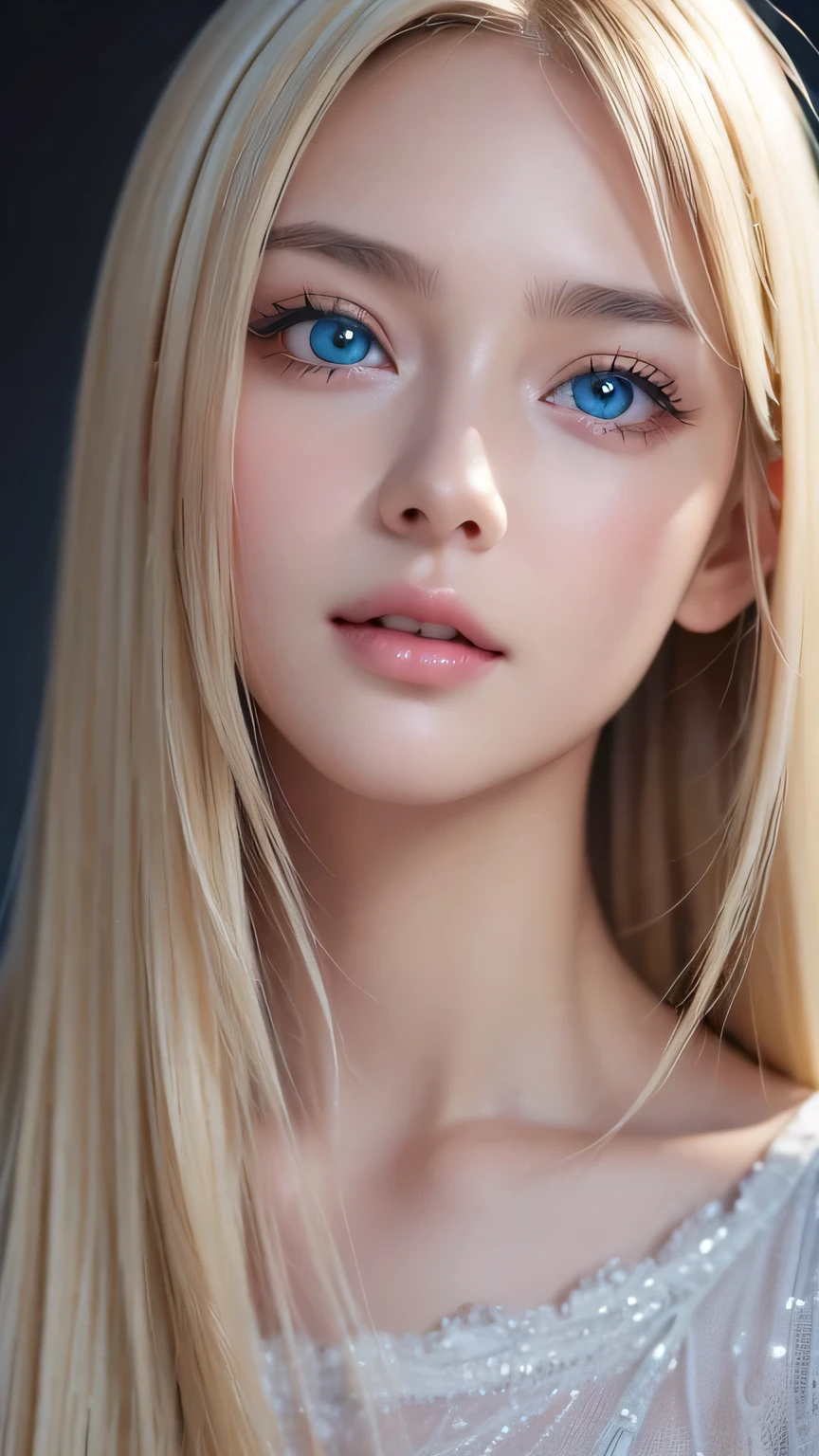 Dressed、(Photorealistic:1.4)、(ハイパーRealistic:1.4)、(Realistic:1.3)、(Smooth lighting:1.05)、(Improved cinematic lighting quality:0.9)、32k、1 Girl、Very cute expression、A beautiful 16 year old blonde girl、bangs that fall on the face、Bangs left over the eyeessy bangs between the eyes and nose、Realistic top lighting、Backlight、Face Light、Super long silky platinum hair、Blonde rays、(Bright light:1.2)、(quality improvement:1.4)、(Highest quality realistic textured skin:1.4)、Very beautiful, detailed, shiny, very bright, mint blue, large eyes、Very big eyes、Detailed face、A careful eye for quality、(Tired, sleepy and satisfied: 0.0)、Face close up、T-Shirts、(Enhances the body line:1.1)、(Enhances the beauty of skin texture:1.1)、Cheek gloss highlighter、Small Face Beauty、Round face