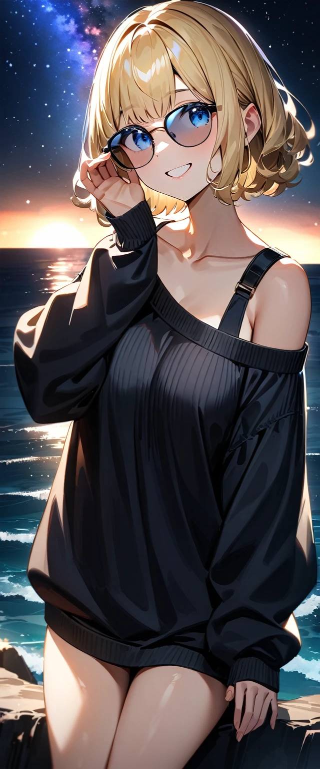 (((a starry sky, the Milky Way shining beautifully in the night))), ((bare legs)), (((sunglasses, hand to sunglasses))), (((cowboy shot))), sitting on the very high cliff, ((wavy hair, inward curled hair)), ((sea, beach)), ((blond hair, bob cut:1.3)), breasts, teenager, (looking at viewer), oversized clothes, puffy long sleeves, ((off-shoulder sweater:1.3, Quite thick shoulder straps)), ((black sweater)), collarbone, head tilt:1.3, (((blue eyes))), ((happy smile)), (((anime style))), (best quality, 4K, 8K, highres, masterpiece:1.2, ultra-detailed, ultra-detailed eyes, HDR, uhd, studio lighting, ultra-fine painting, sharp focus, physically-based rendering, extreme detail description, professional, vivid colors, bokeh)