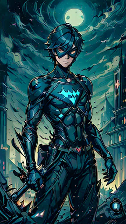 best quality,masterpiece,1boy,solo,(((13years old))),japanese boy,an extremely cute and handsome boy,highly detailed beautiful face and eyes,petit,cute face,lovely face,baby face,shy smile,show teeth,black hair,short hair,flat chest,skinny,slender(((wearing a Nightwing costume,black dominomask))),(((Heroic pose in Dark Midnight Fantasy style Gotham castle))),he is looking at the viewer,