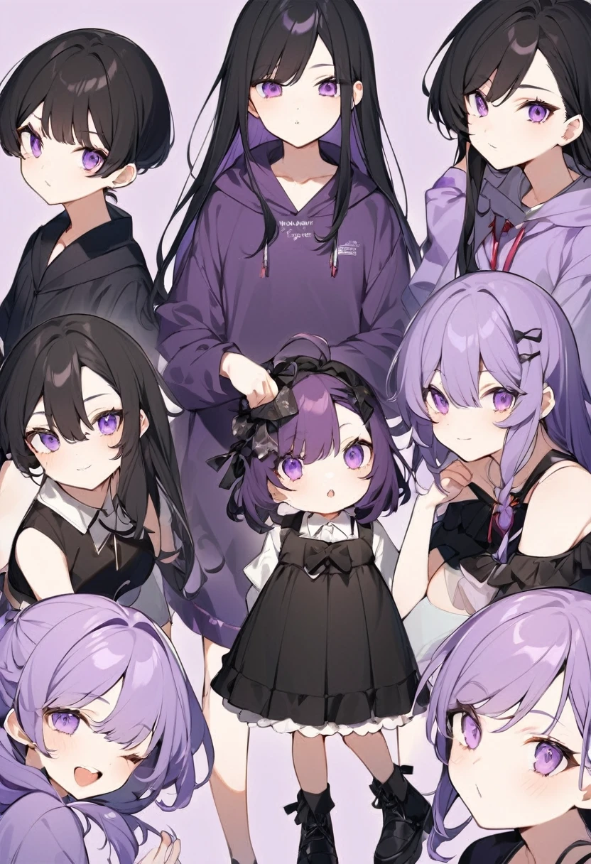 Keito。Purple hoodie。Black Skirt。Purple Eyes。Black Hair。Black shoes下。Black shoes。6 sisters。The eldest daughter has purple hair。all female。6 sisters