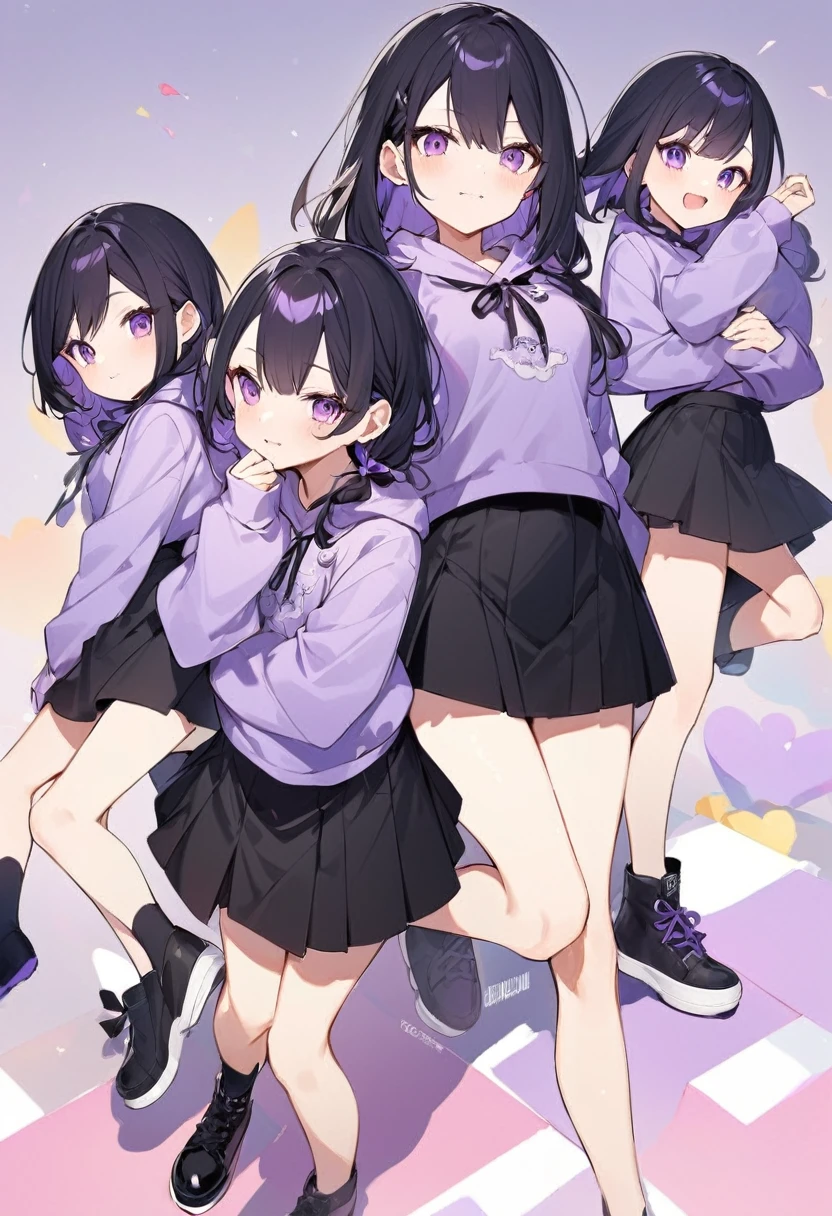 Keito。Purple hoodie。Black Skirt。Purple Eyes。Black Hair。Black shoes下。Black shoes。6 sisters。The eldest daughter has purple hair。all female。6 sisters
