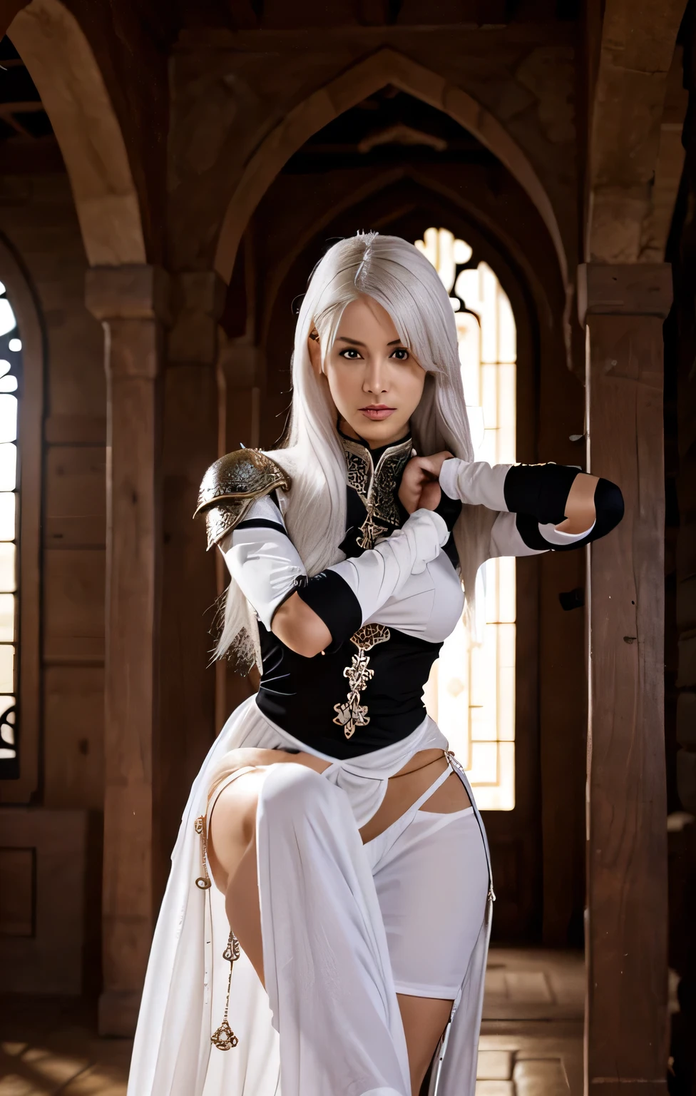 Saracen warrior, sexy, slender, platinum white hair and violet eyes, Arab clothing and a long claymore sword